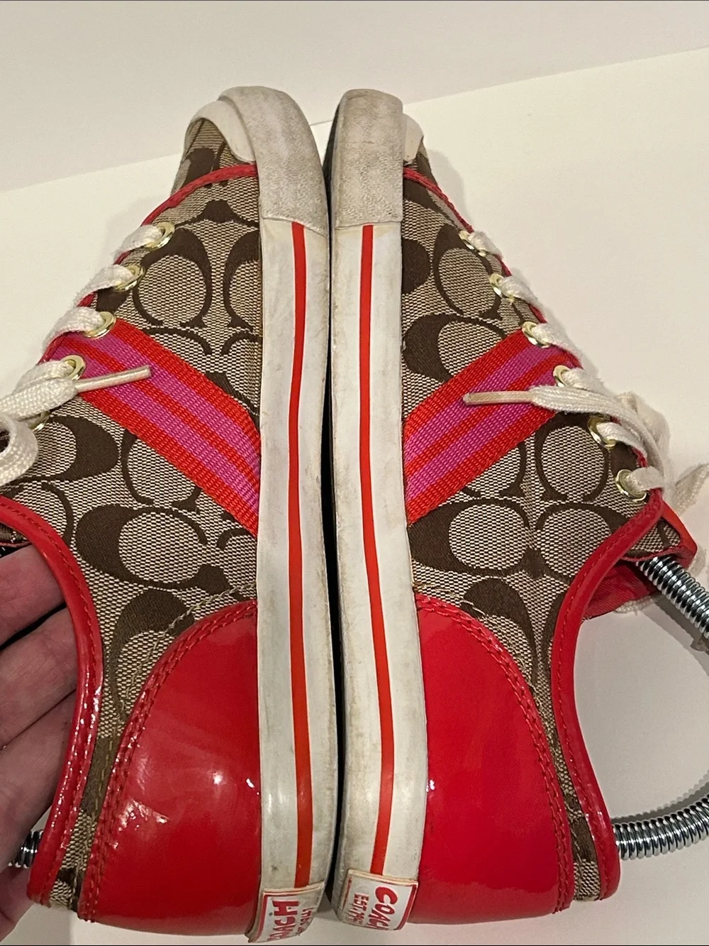 Coach Brown Signature Sneakers with Red Patent Leather Accents Pink Red Ribbon